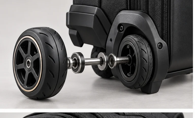 Close-up of a NATOR Bag all-terrain wheel with solid polyurethane tread, sealed bearings and replaceable steel axle beside the wheel housing