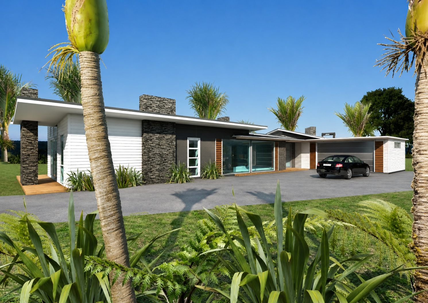 Render of a long single-level home with stone columns, timber accents and carport