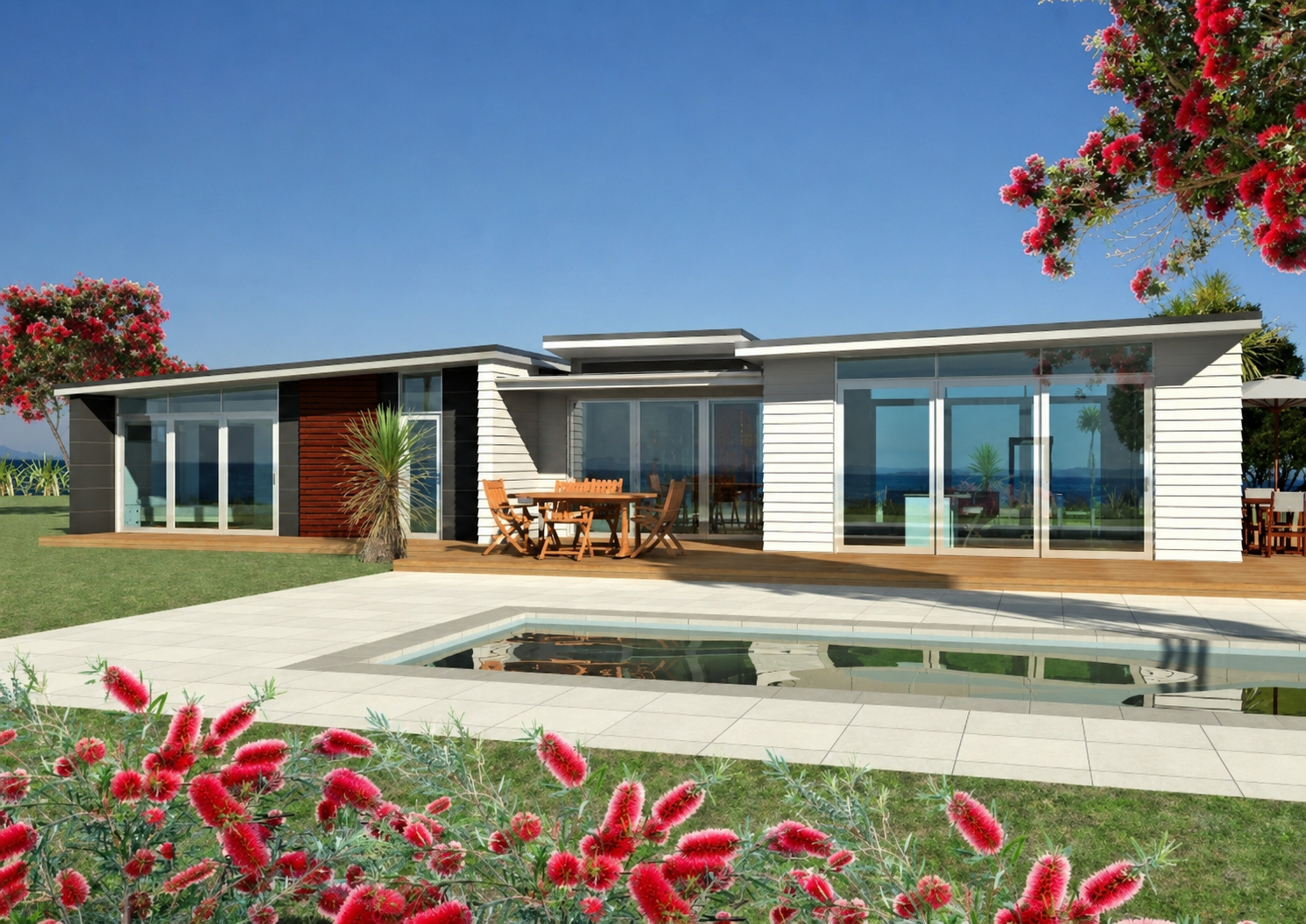 Render of a coastal home with poolside terrace, outdoor dining and sea outlook