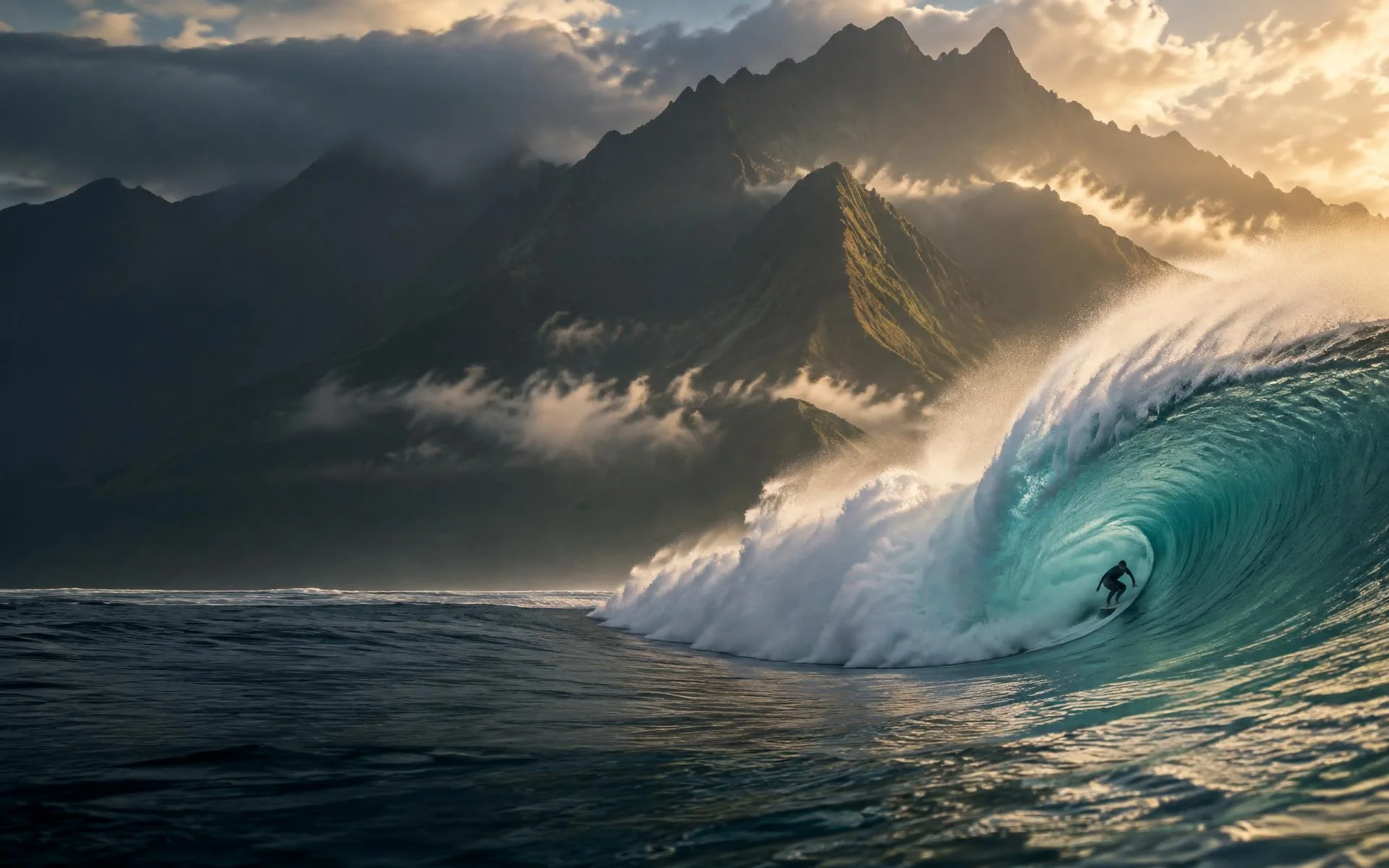 A surfer riding inside a powerful ocean wave beneath volcanic mountains at sunrise
