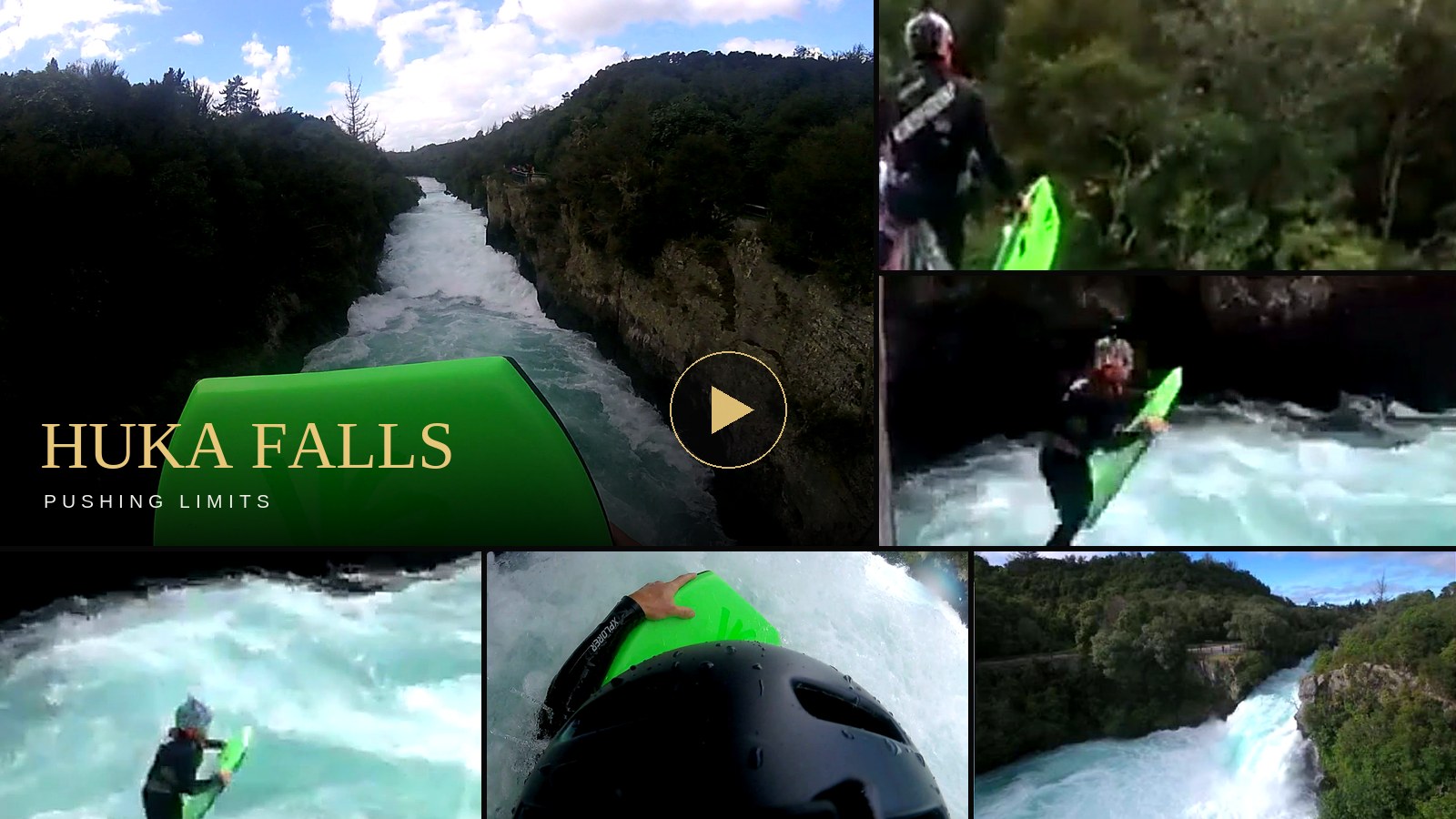 Collage from the Huka Falls descent: the bridge before the jump, the leap, water entry and helmet-cam whitewater