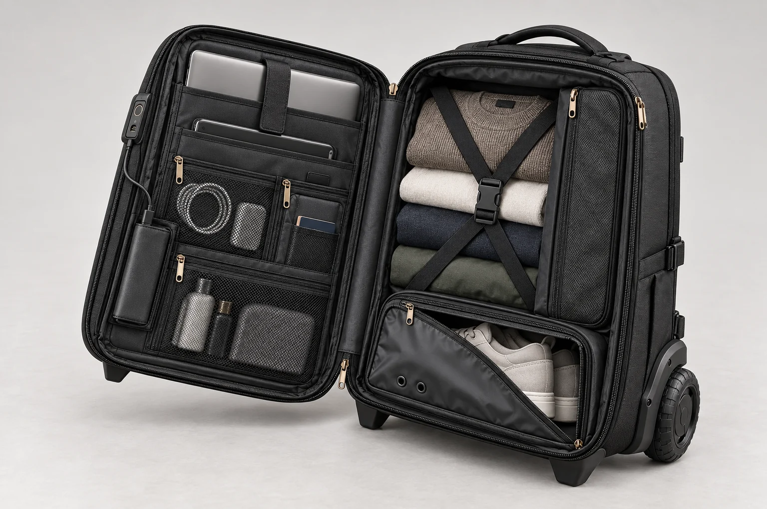 The NATOR Bag opened flat showing padded laptop storage, cable and accessory pockets, a compression-panelled clothing zone and a separated wipe-clean shoe compartment