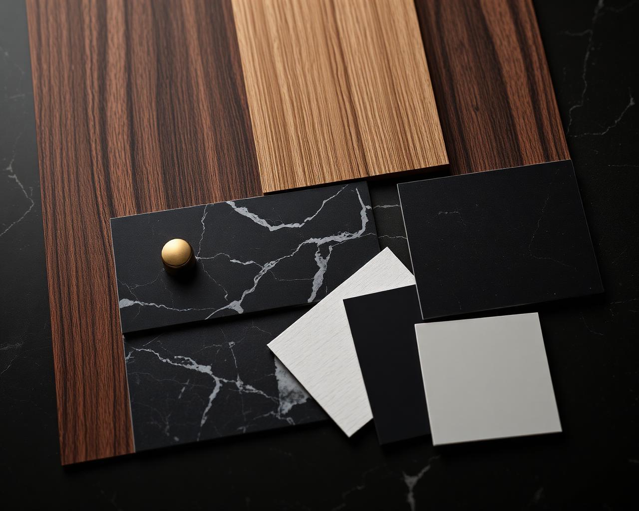 Premium timber veneer, stone and brass hardware samples on a dark surface