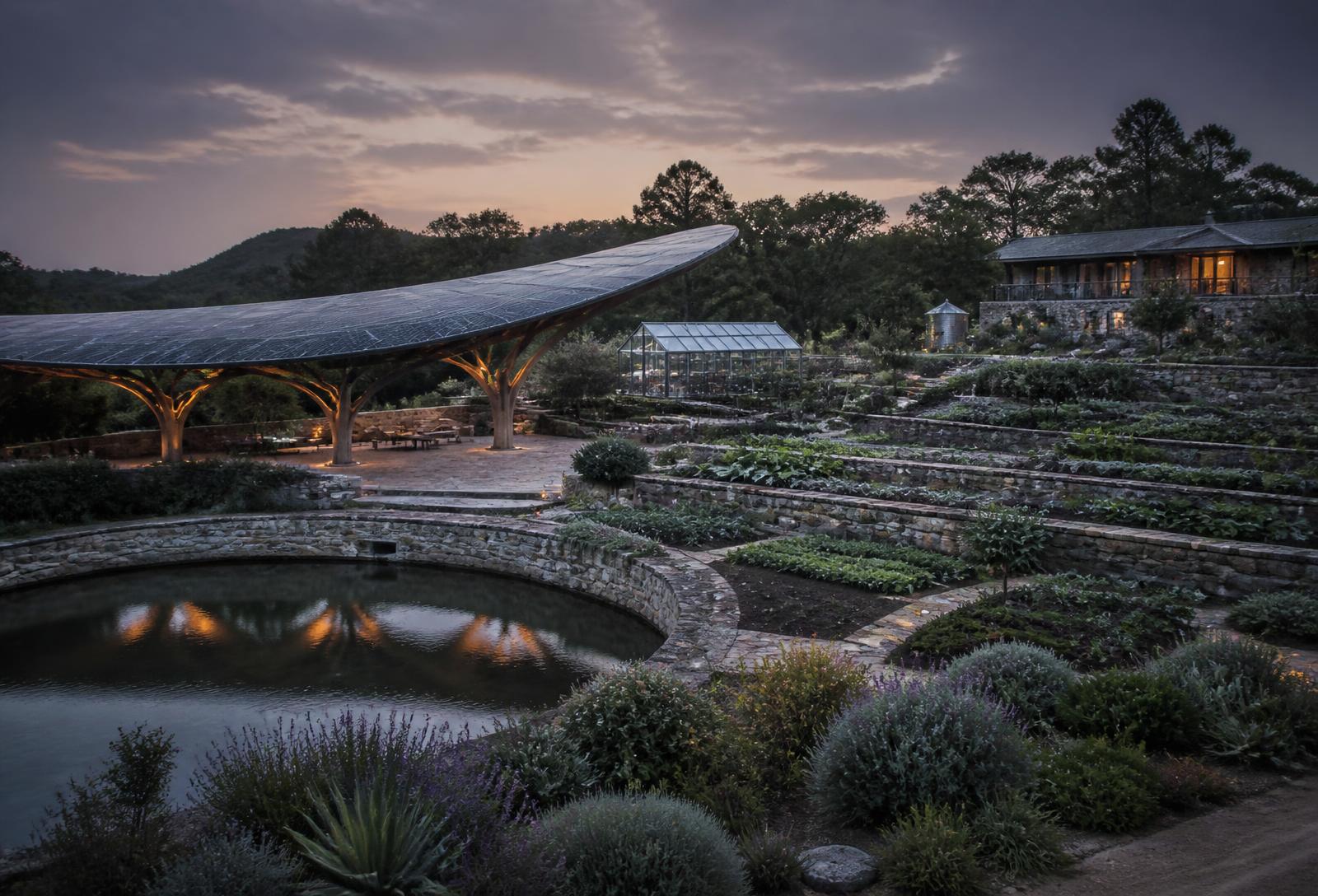 Solar arrays, water storage and productive gardens integrated into the landscape