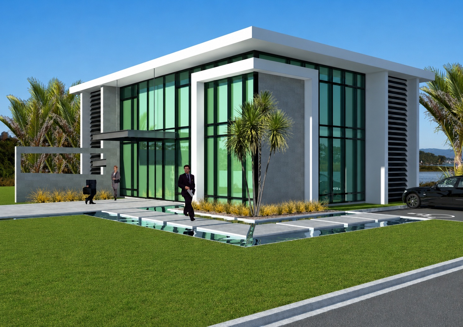 Render of a fully glazed two-storey pavilion with reflecting pools and paved entry