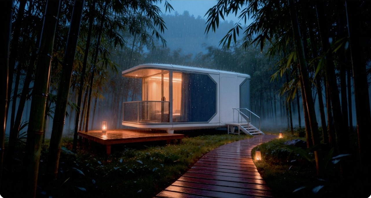 Modular retreat cabin with lit balcony deck in a misty bamboo forest at night