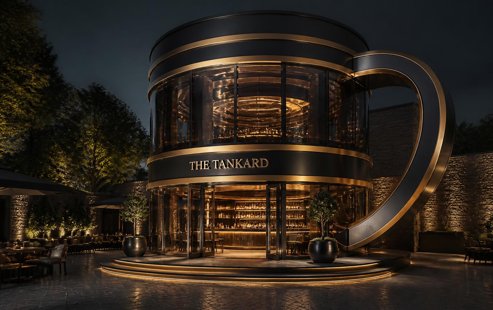 Giant tankard-shaped bar pavilion in bronze and smoked glass at night