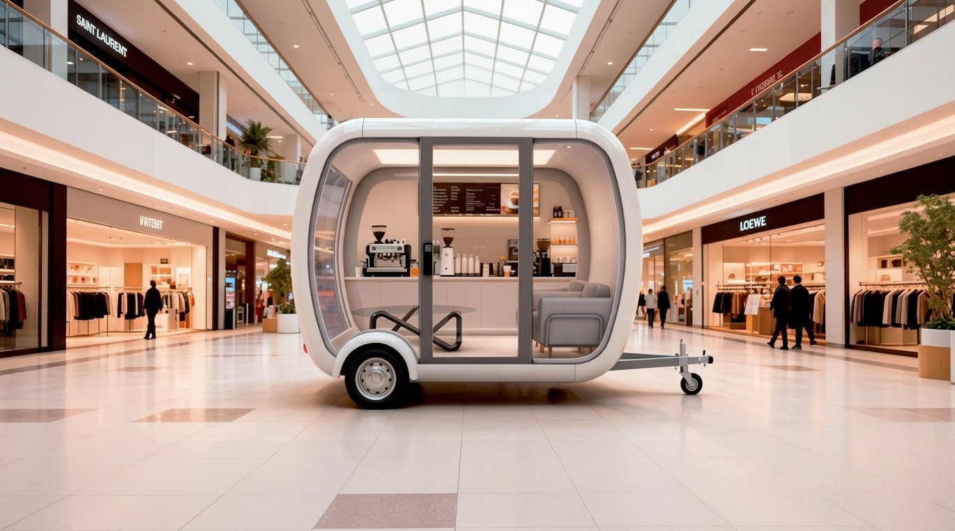 Compact trailer-mounted commercial pod fitted out as a coffee bar inside a mall