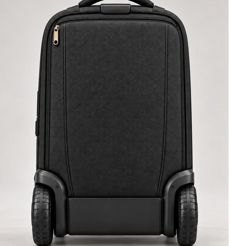 Rear of the NATOR Bag in clean trolley mode with the pole retracted and the harness sealed behind a zippered cover