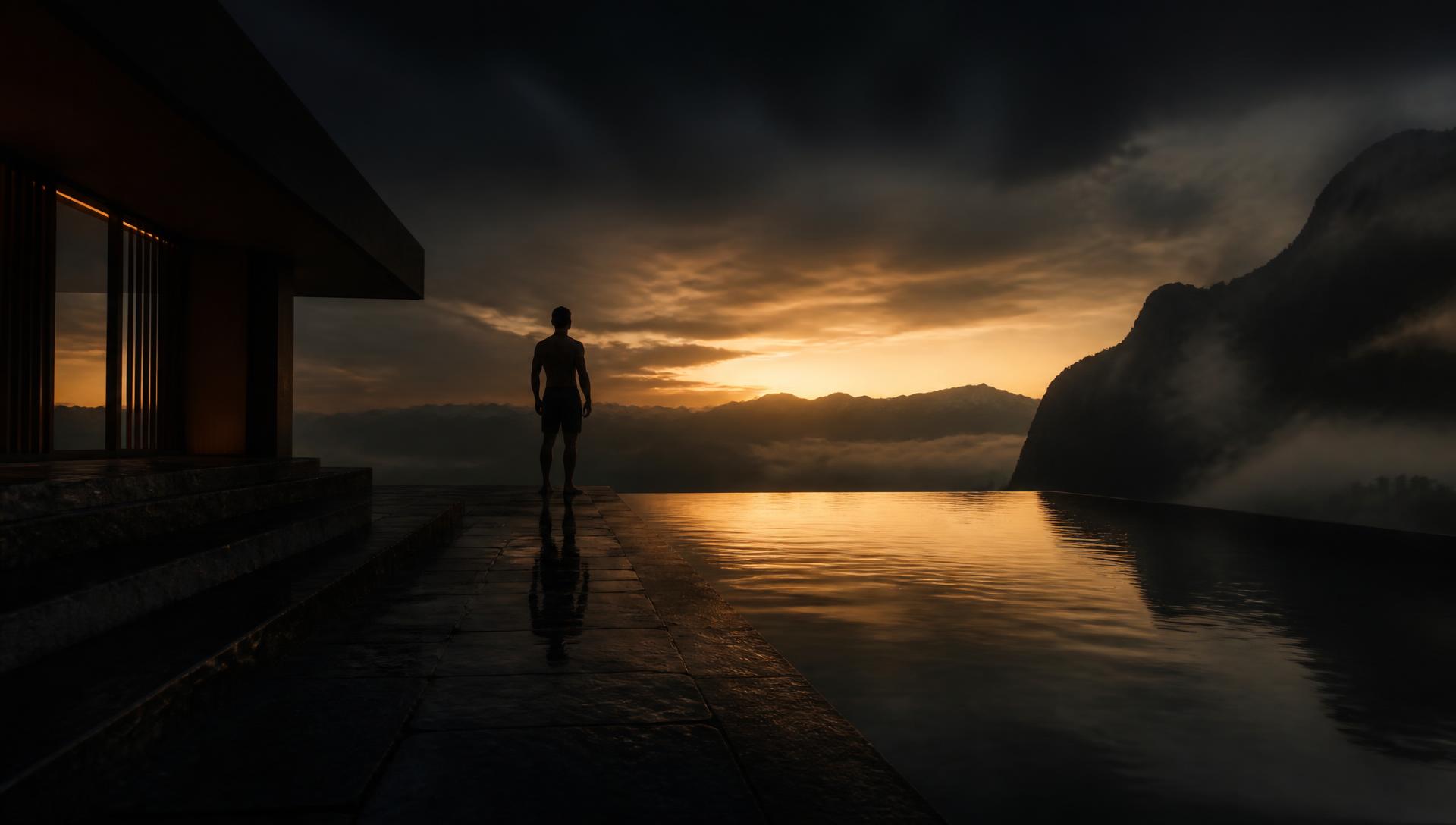 A figure standing at the edge of an infinity pool at dawn