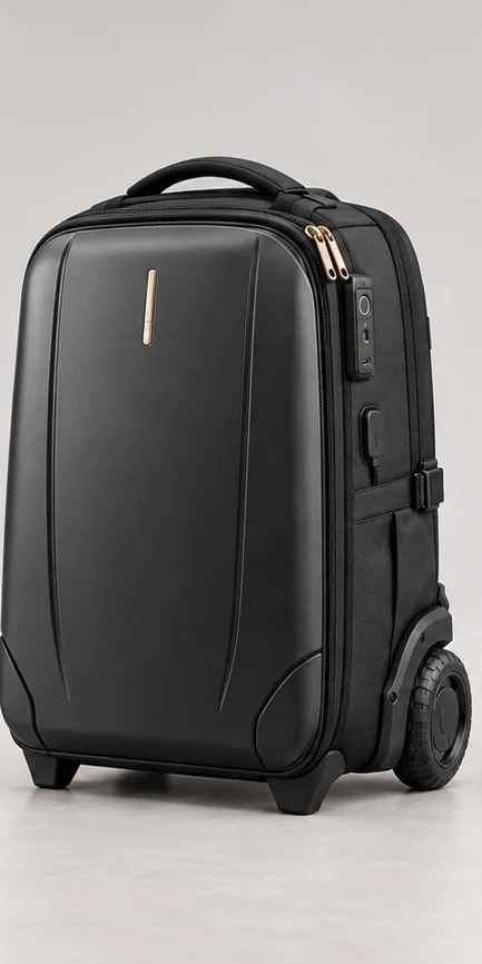 NATOR Bag in Stealth Black with black wheels, trolley and technical hardware