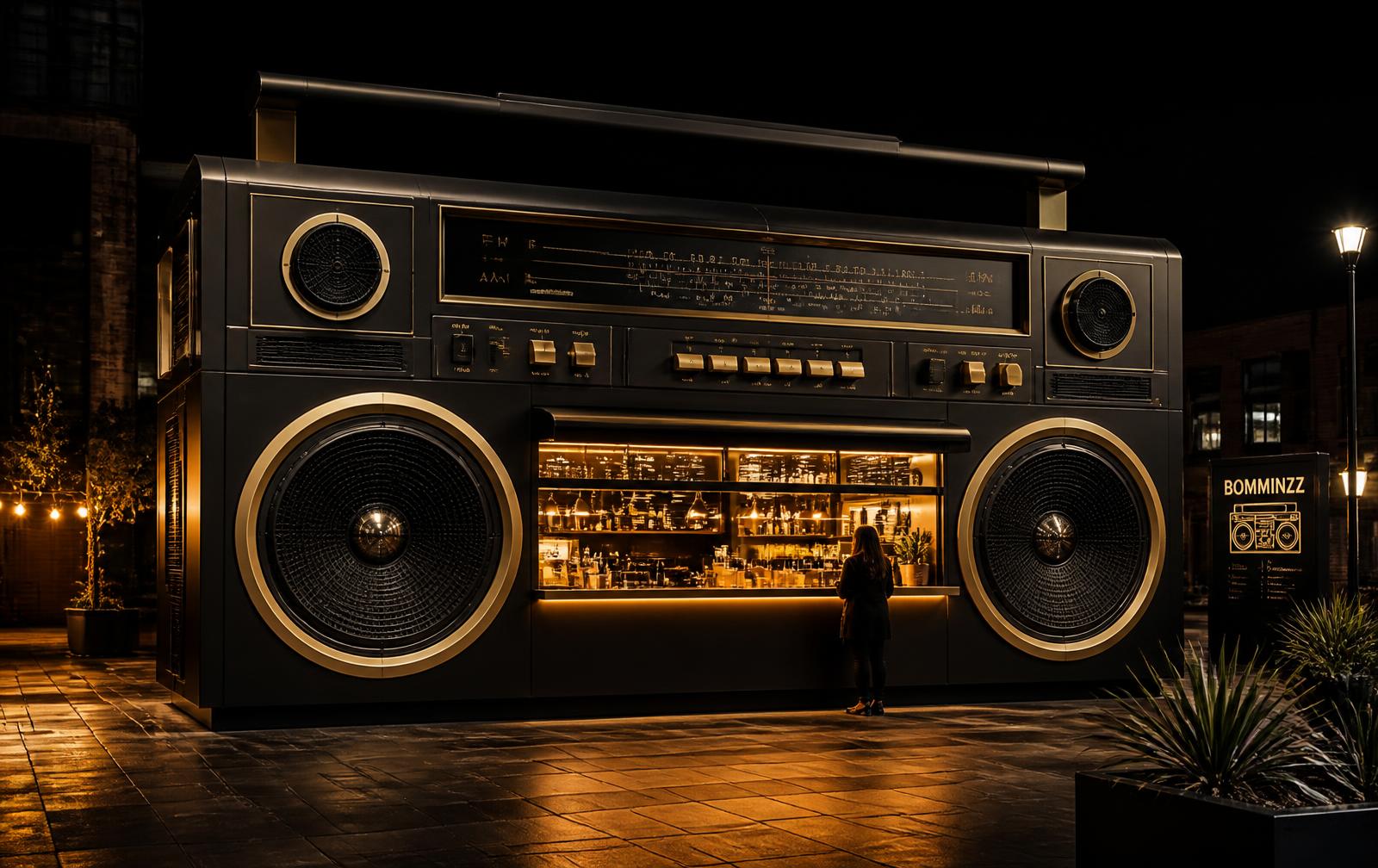Oversized boombox-shaped trading kiosk in matte black and brushed gold at night
