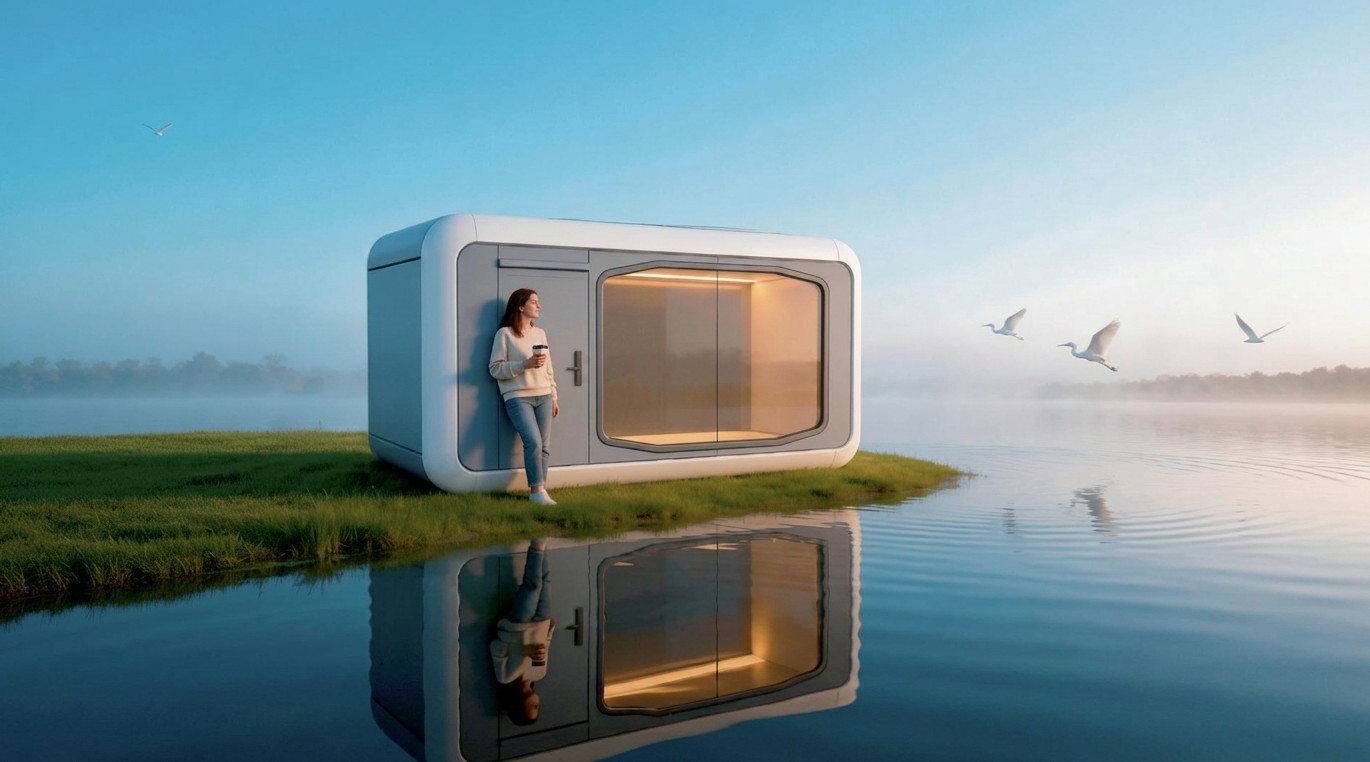 Compact modular studio cabin on a grassy point beside still water at dawn