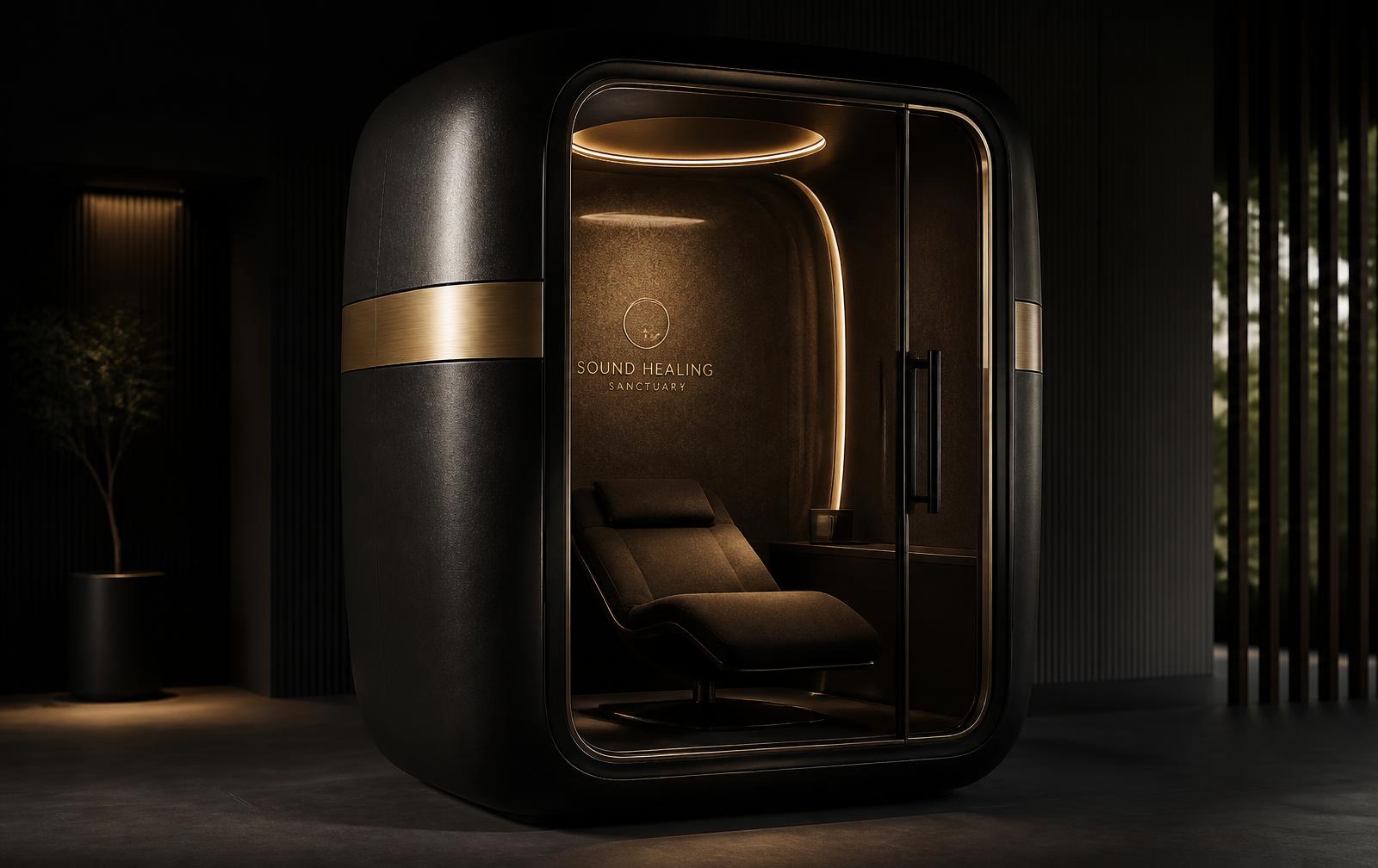 Acoustic sound-healing wellness booth in matte black with brushed gold banding