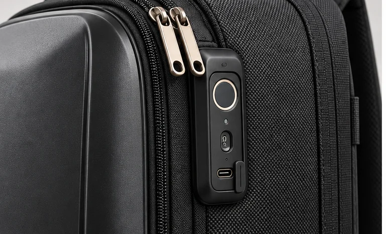 Integrated fingerprint zipper lock on the NATOR Bag beside protected zipper pulls