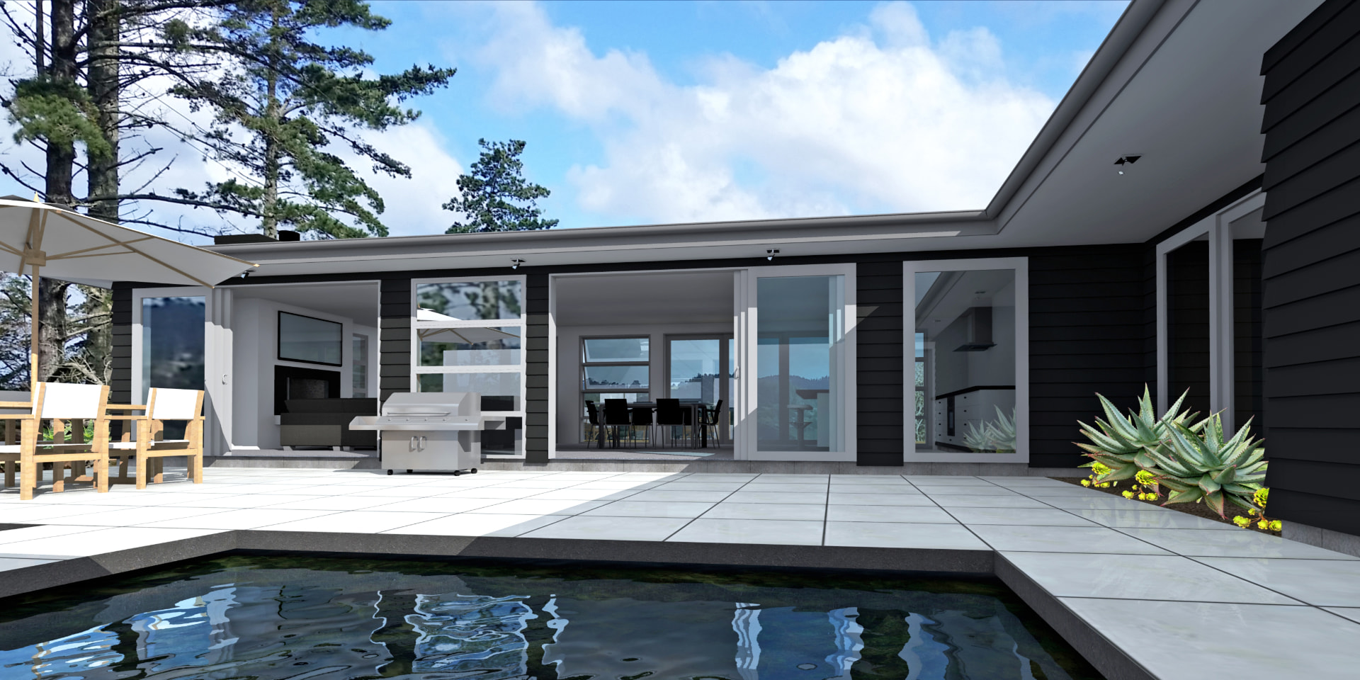 Render of a dark weatherboard home wrapped around a pool and paved terrace
