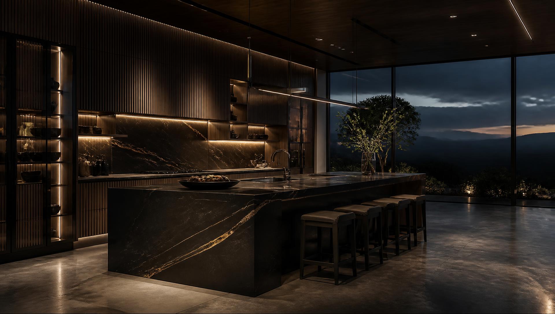 Luxurious contemporary kitchen with dark timber joinery and stone benchtops