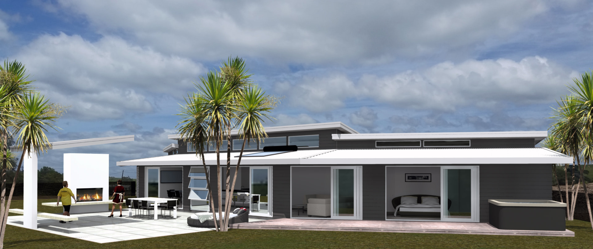 Render of a long single-level home with outdoor fireplace, dining terrace and spa