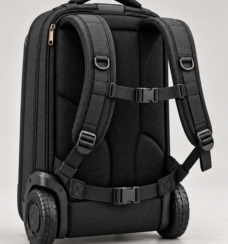 Rear of the NATOR Bag in backpack mode with padded shoulder straps, sternum strap and waist stabiliser deployed over a continuous padded back panel