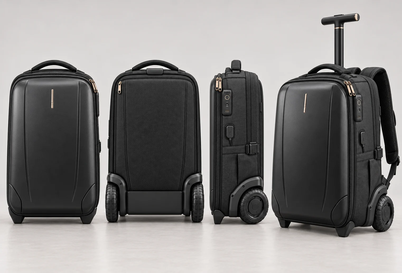 Front, rear, side and wheeled views of the NATOR Bag used for its development dimensions of approximately 38 by 56 by 25 centimetres