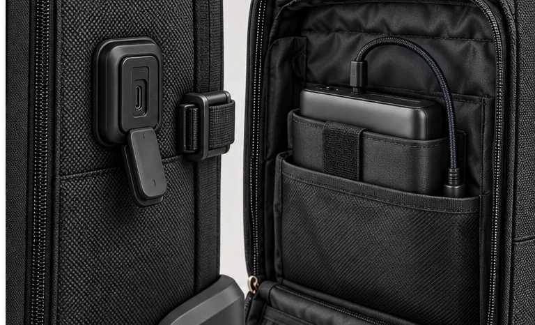Weather-covered external USB-C port on the NATOR Bag and the removable power bank in its dedicated padded internal pocket