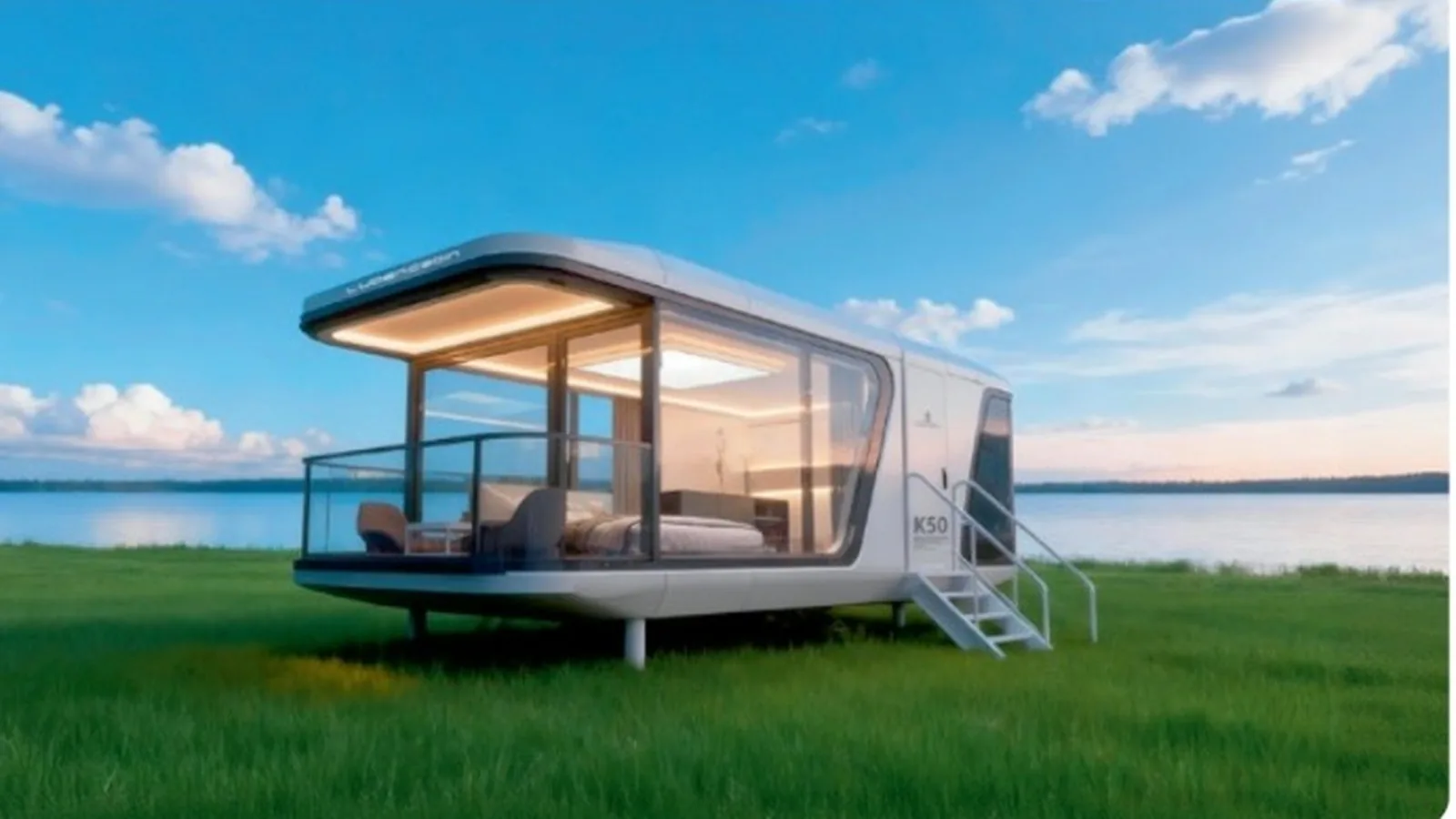 NATOR THREE modular cabin with a glazed frontage and covered deck in open grassland beside a lake