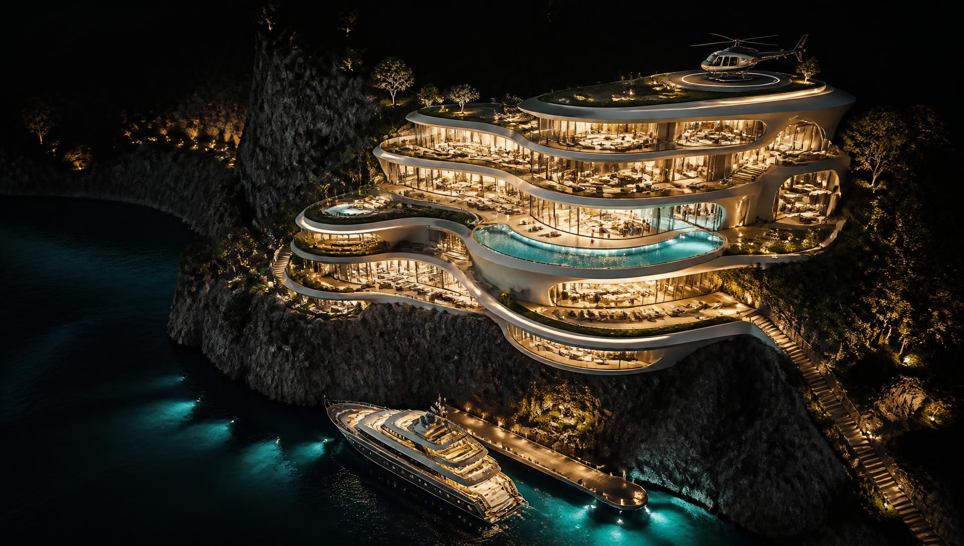Aerial view of a private coastal Elite HQ destination at dusk