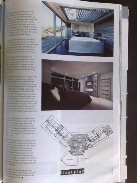 Magazine page showing the bath pavilion, master suite and the floor plan of the residence