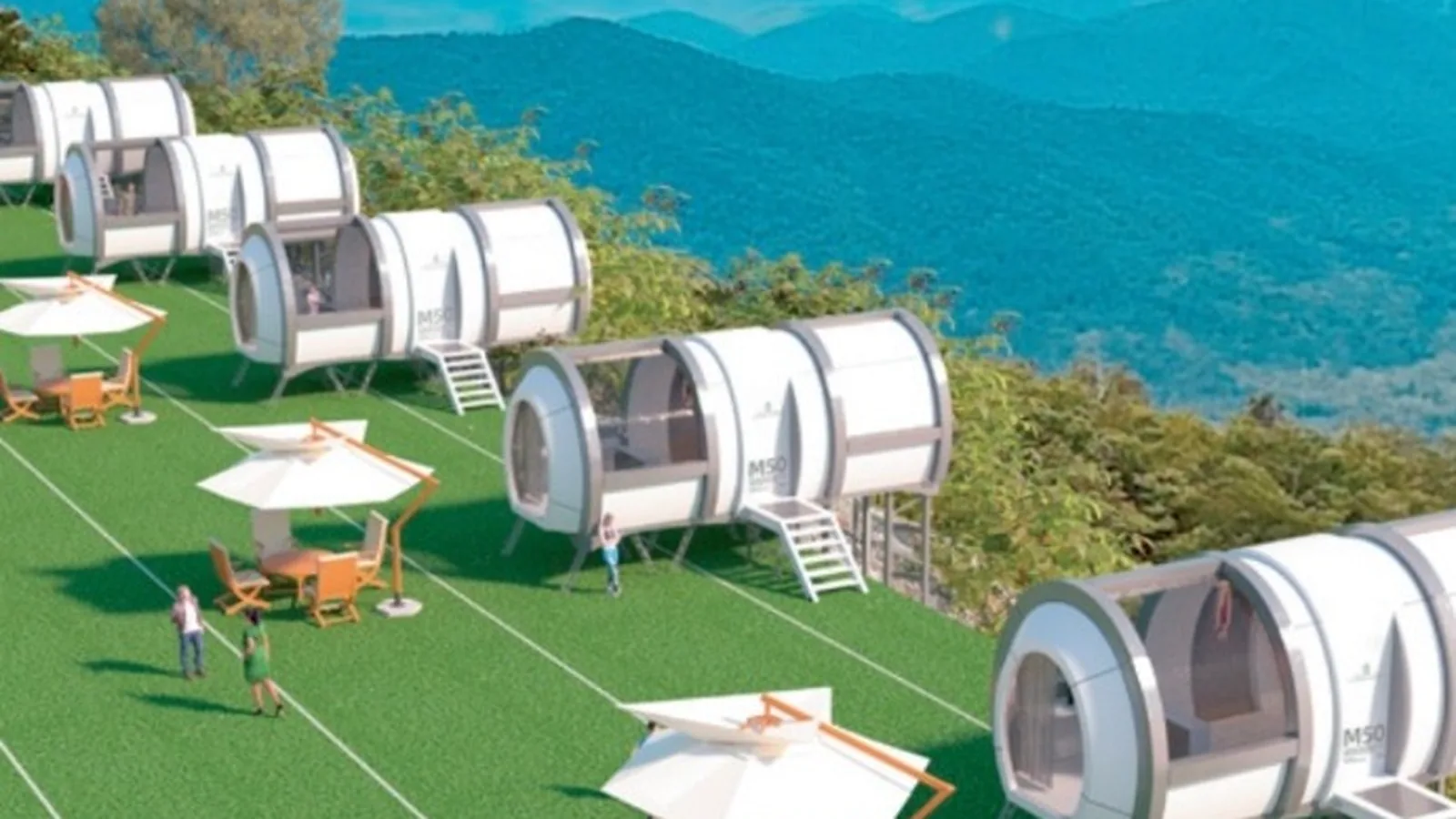 Several NATOR NINE capsule cabins arranged across a terraced hillside site with mountain views