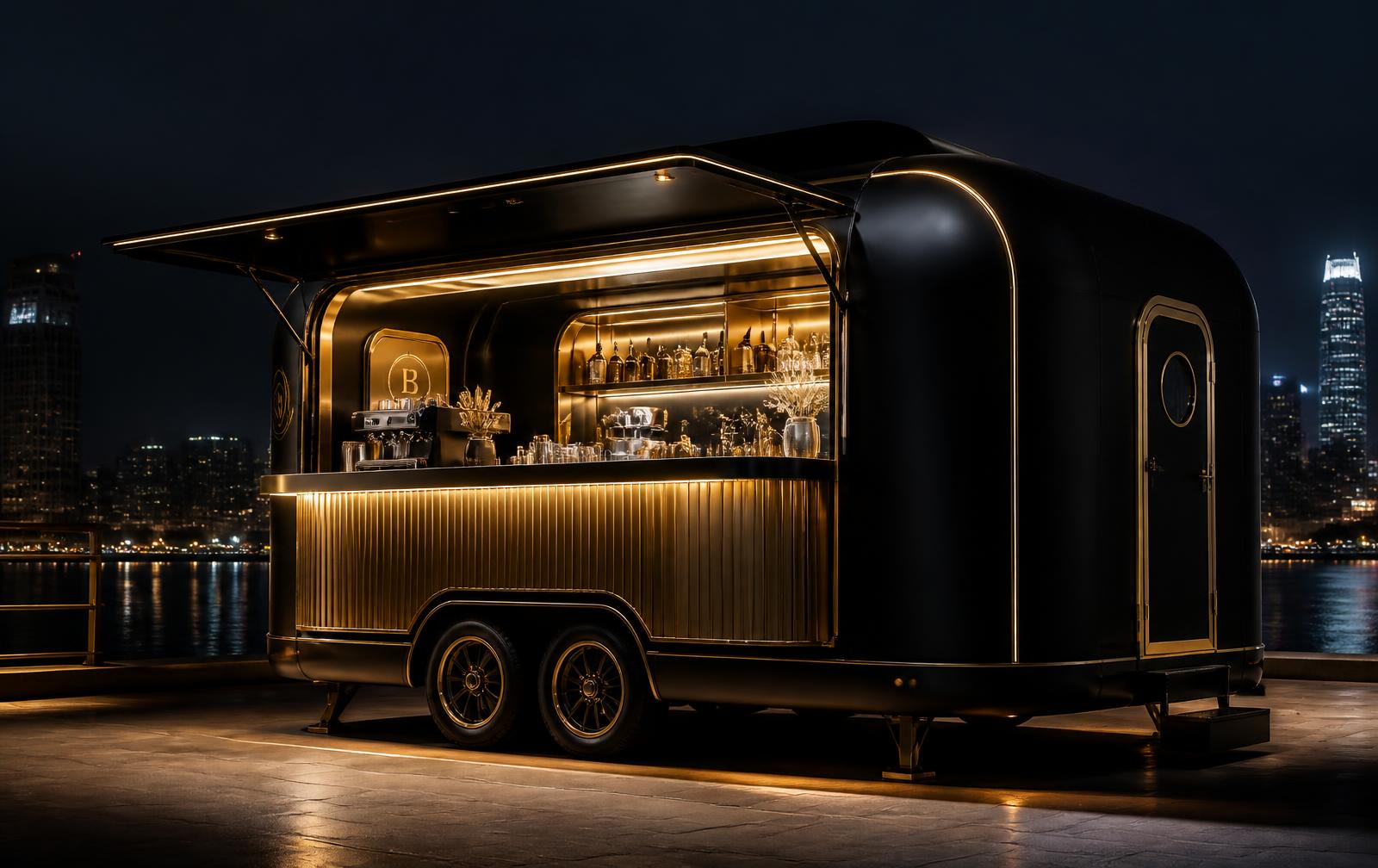 Bespoke black and gold mobile bar trailer at night