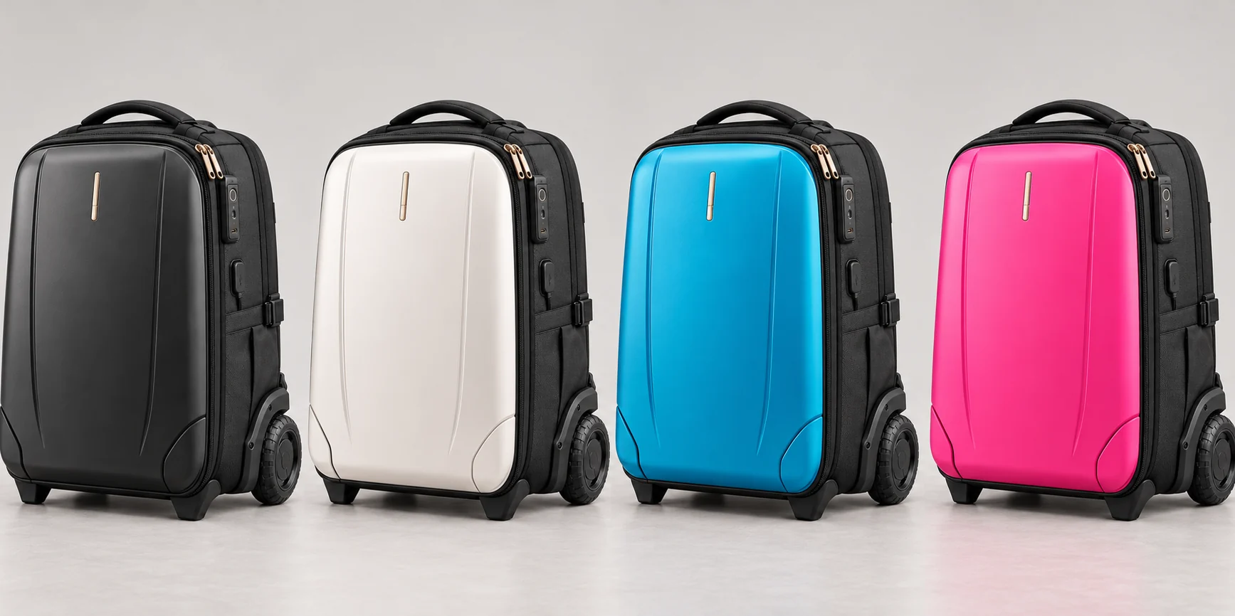 The NATOR Bag colour collection — Stealth Black, Arctic White, Cyan Blue and Fluorescent Pink, all with black wheels, harness and technical hardware