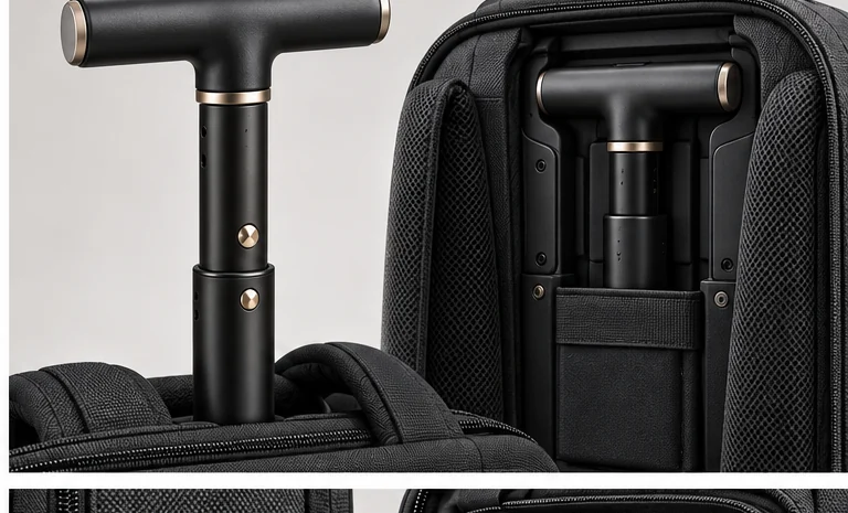 The NATOR Bag single central telescopic pole extended with its T-shaped rotating grip, and the same pole retracted inside its concealed rear channel