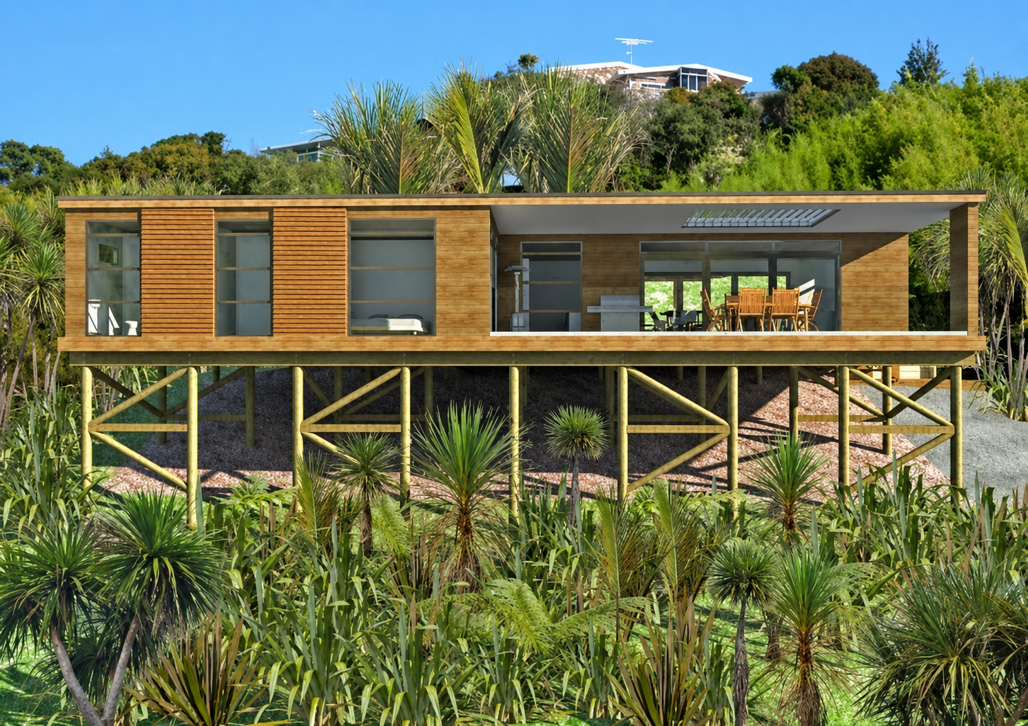 Render of a timber-clad home elevated on poles above a planted slope