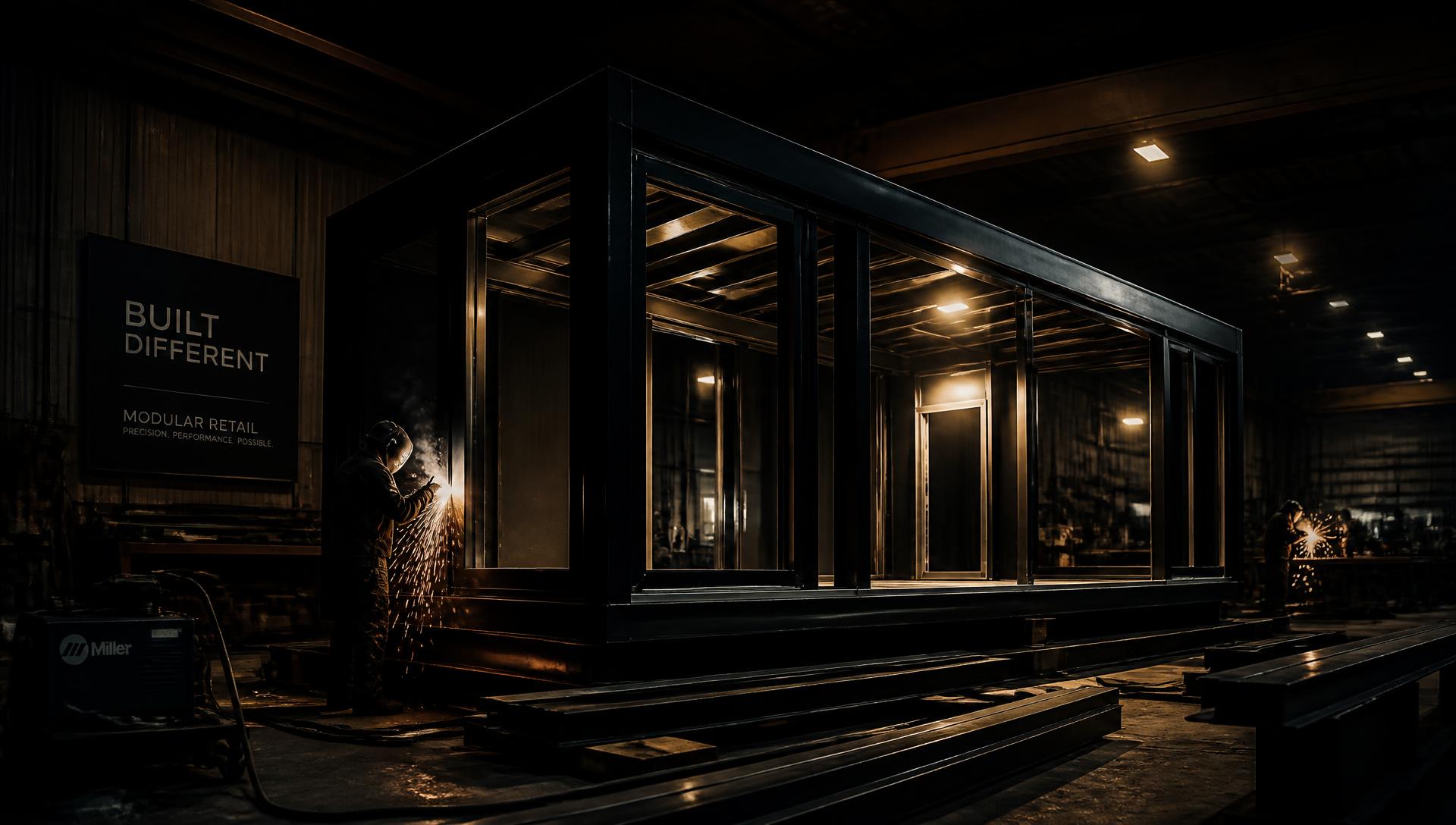 Steel shell of a modular retail pod under fabrication in a darkened workshop