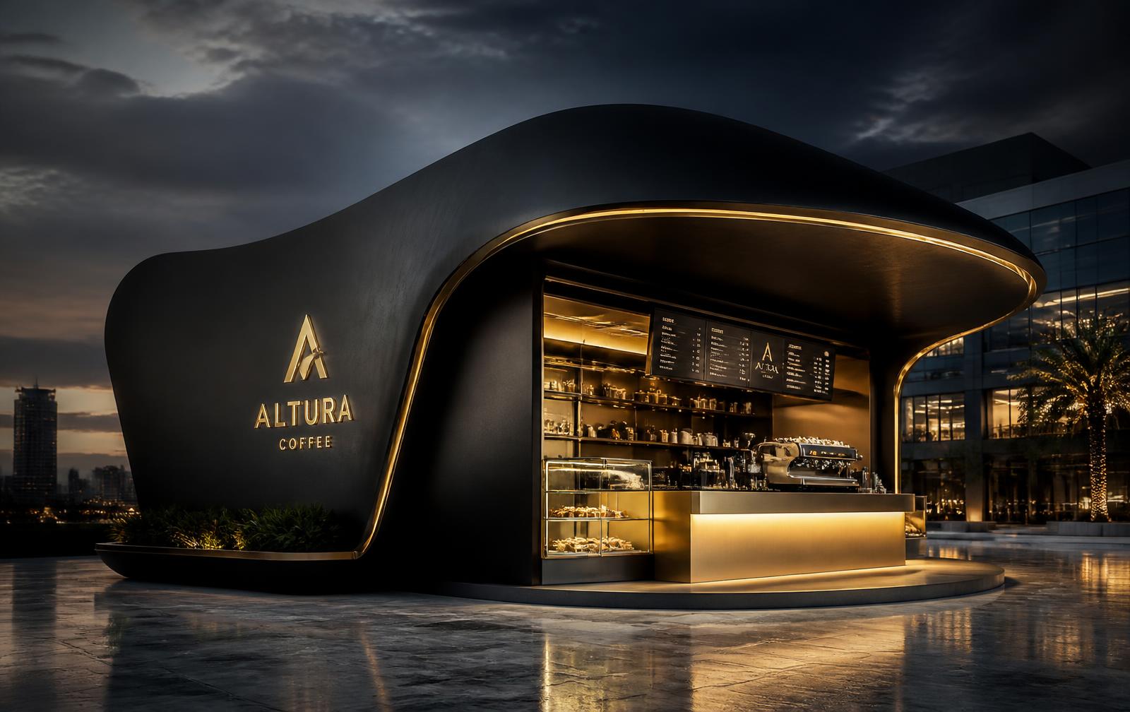 Sculptural black and gold coffee kiosk pavilion at dusk