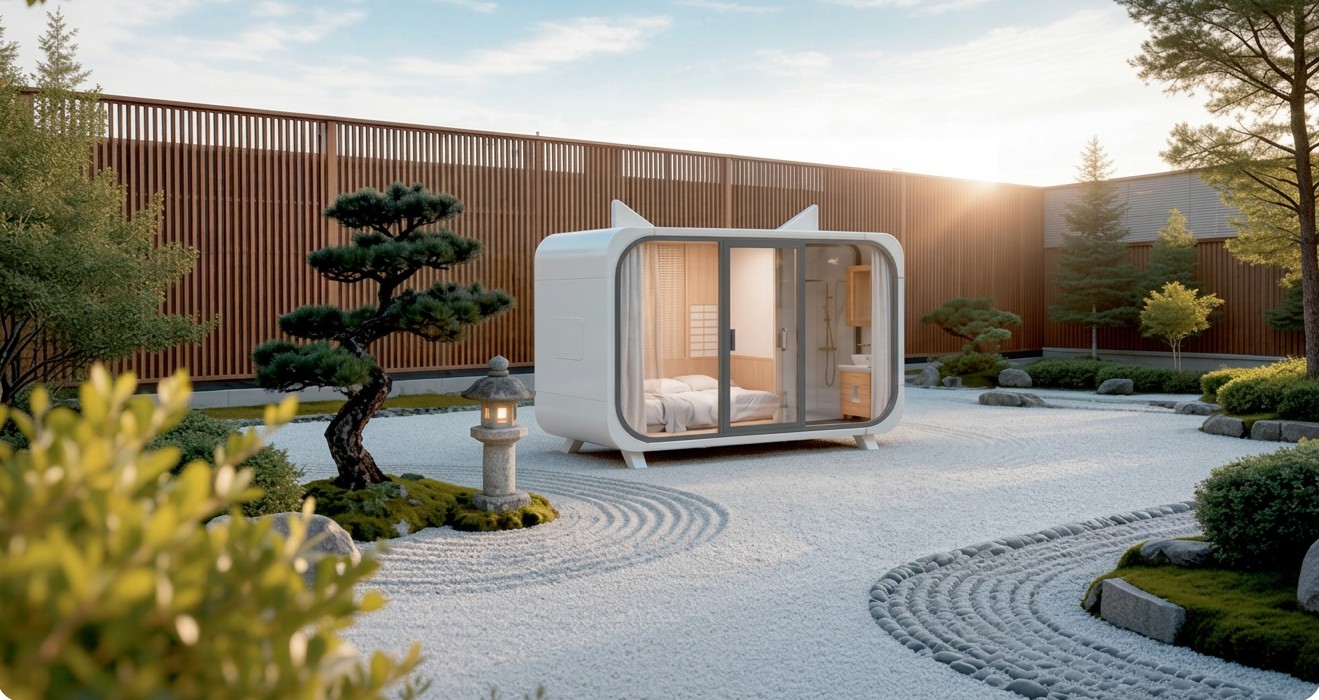 Compact white futuristic cabin pod in a landscaped Japanese garden