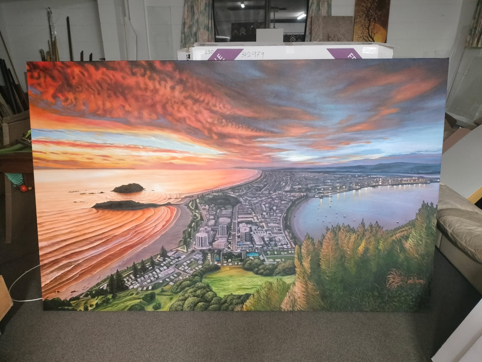 Large-scale custom artwork of Mount Maunganui / Mauao, the coastline and harbour at sunset