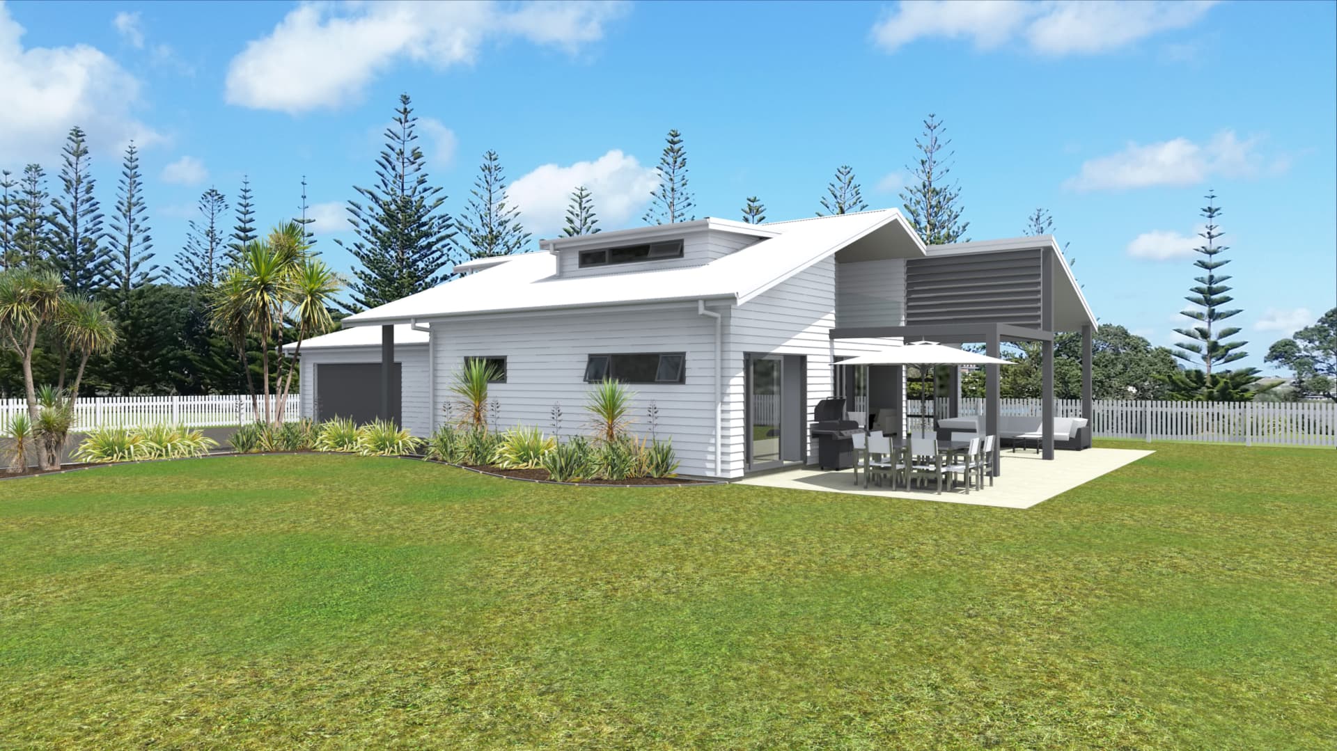 Render of a white weatherboard coastal home with a louvred outdoor living pavilion