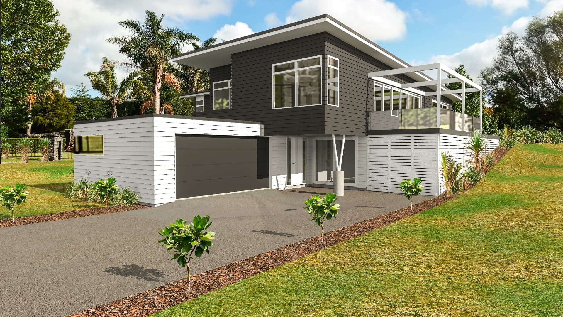 Render of a two-storey charcoal and white home on a sloping site with pergola deck