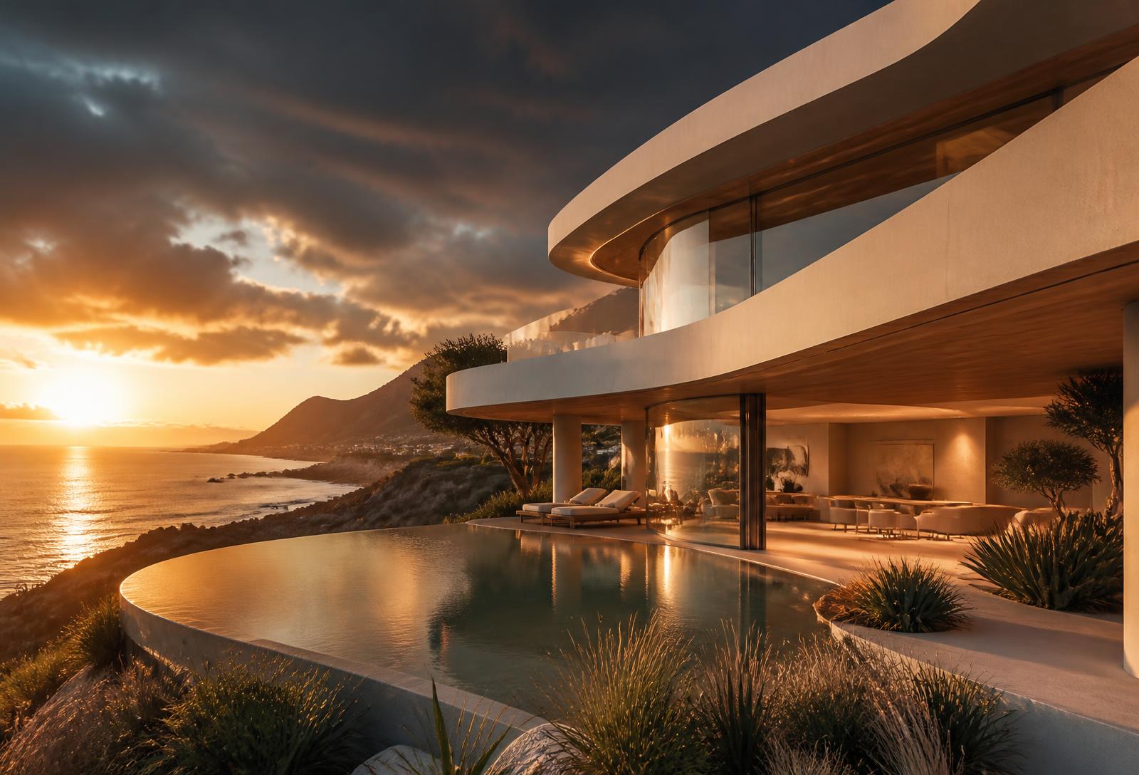 Low-slung coastal residence with deep eaves above the water