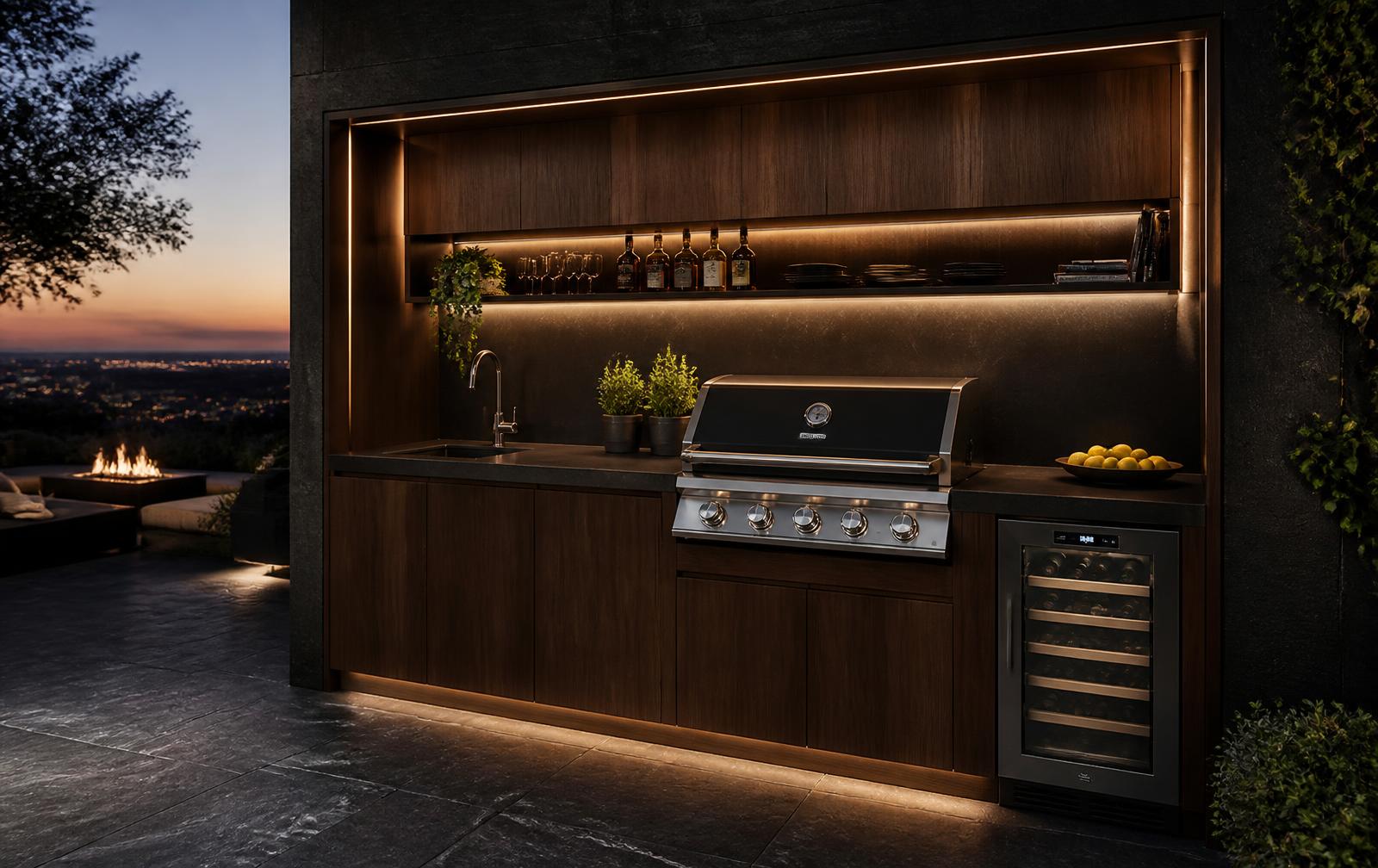 Modular outdoor kitchen and bar unit on a stone terrace