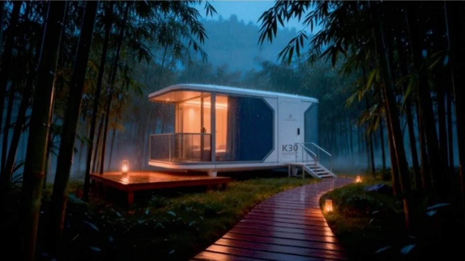 NATOR FOUR modular cabin lit from within, with a glazed frontage and timber deck in a bamboo forest at night