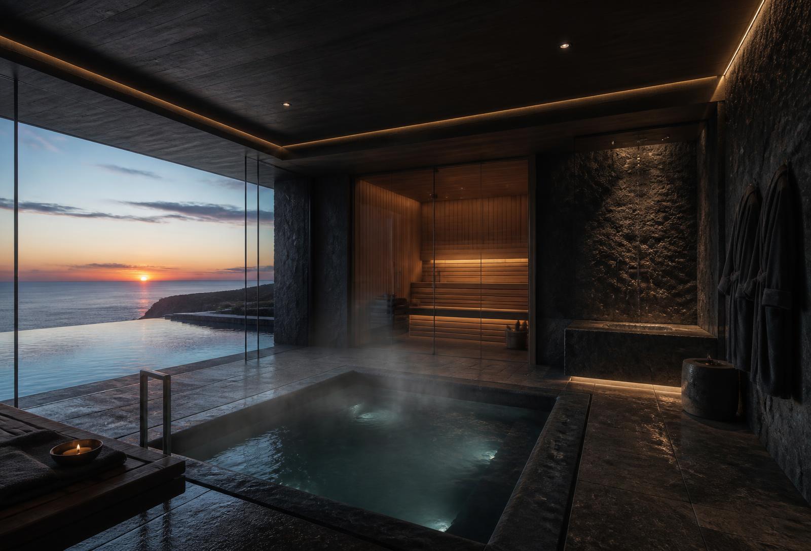 Private wellness precinct with plunge pools, sauna and coastal outlook