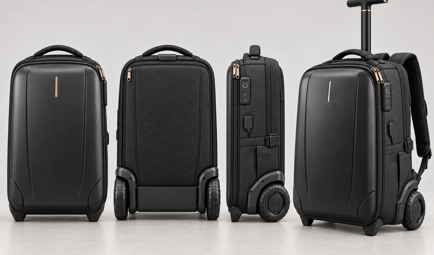 Four views of the NATOR Bag — front with polycarbonate panel, clean rear with systems hidden, side profile and wheeled mode with the central pole extended