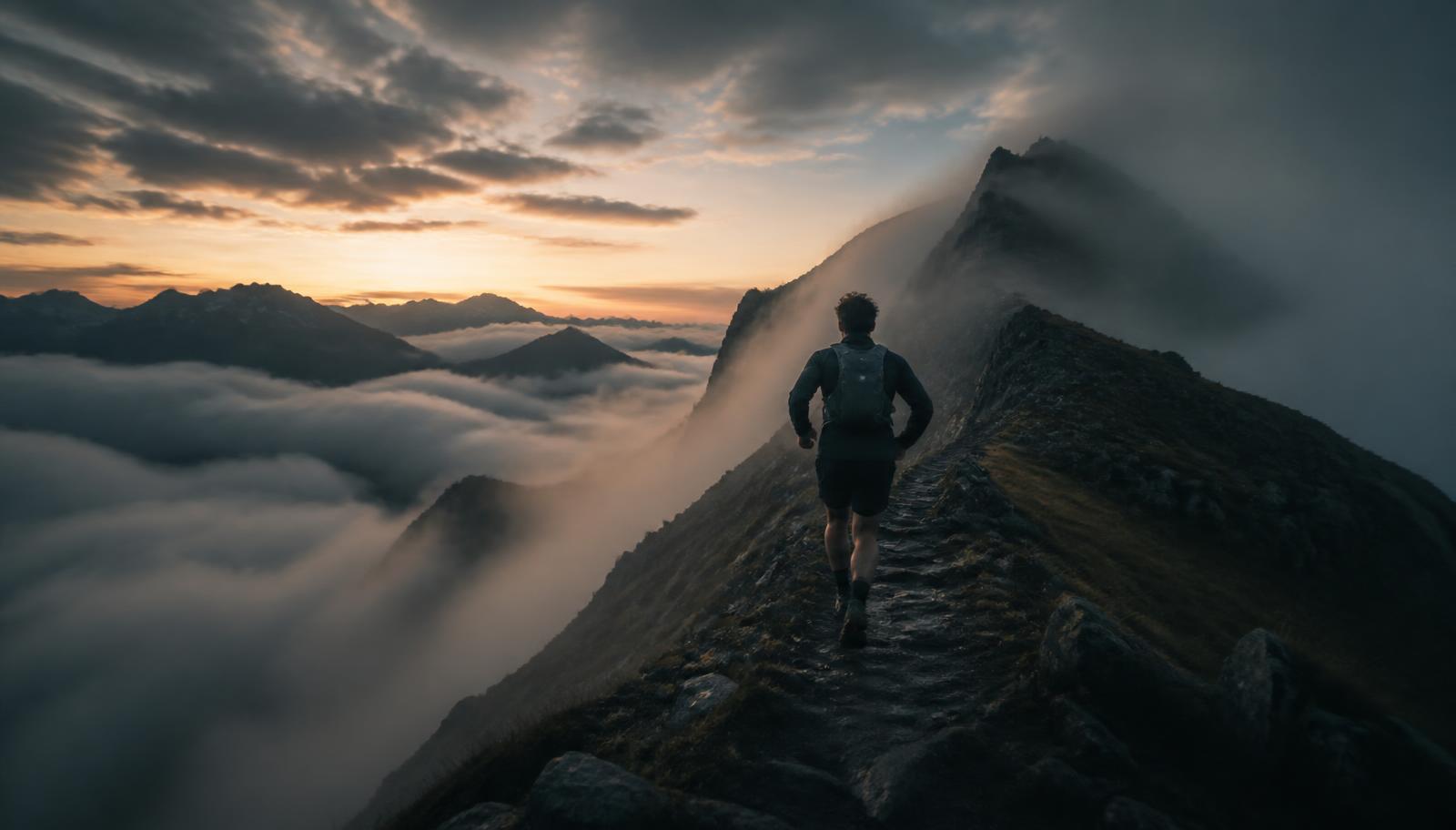 An adventurer moving along a mountain ridge above the clouds