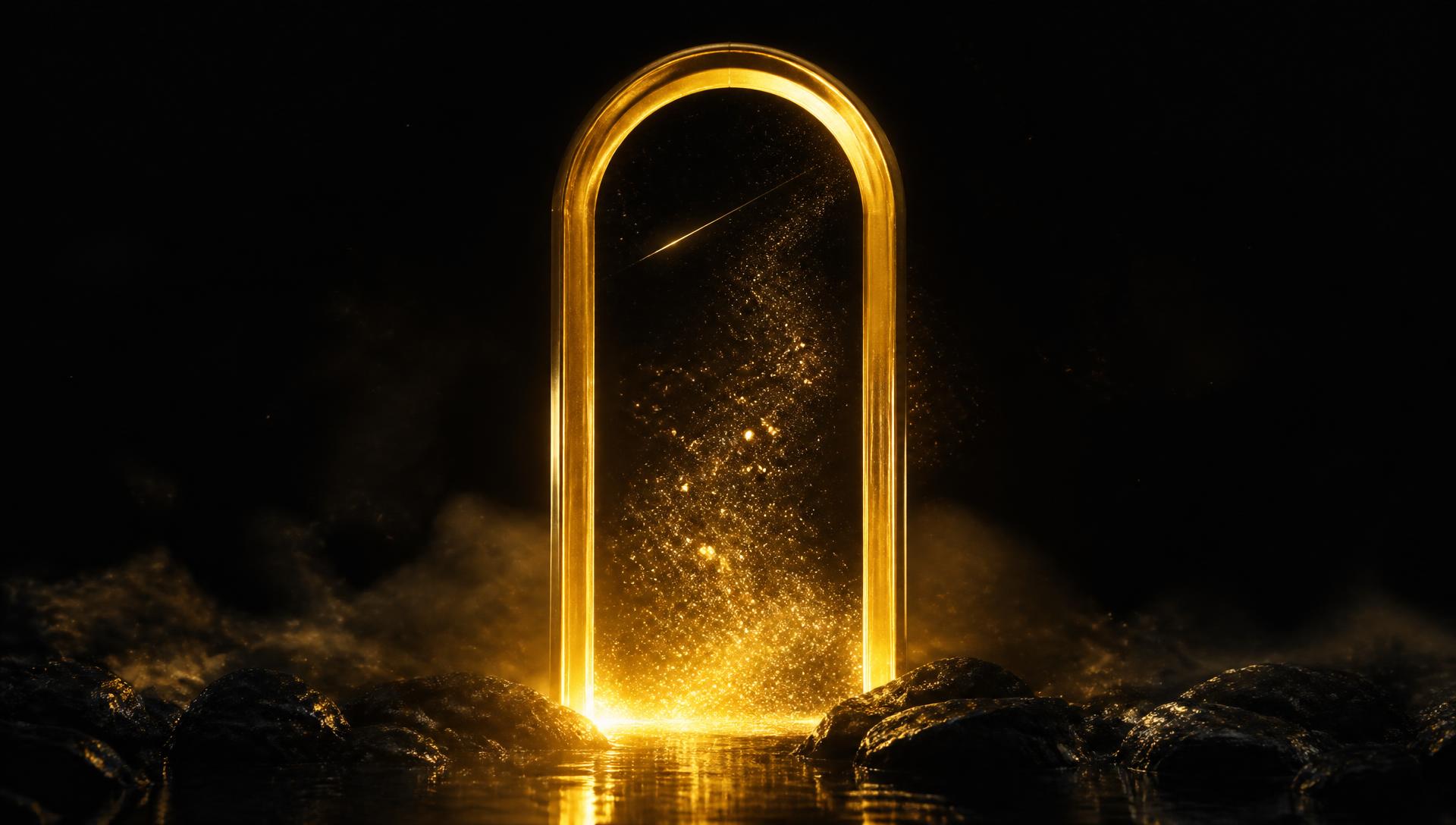 A glowing golden portal rising from dark water
