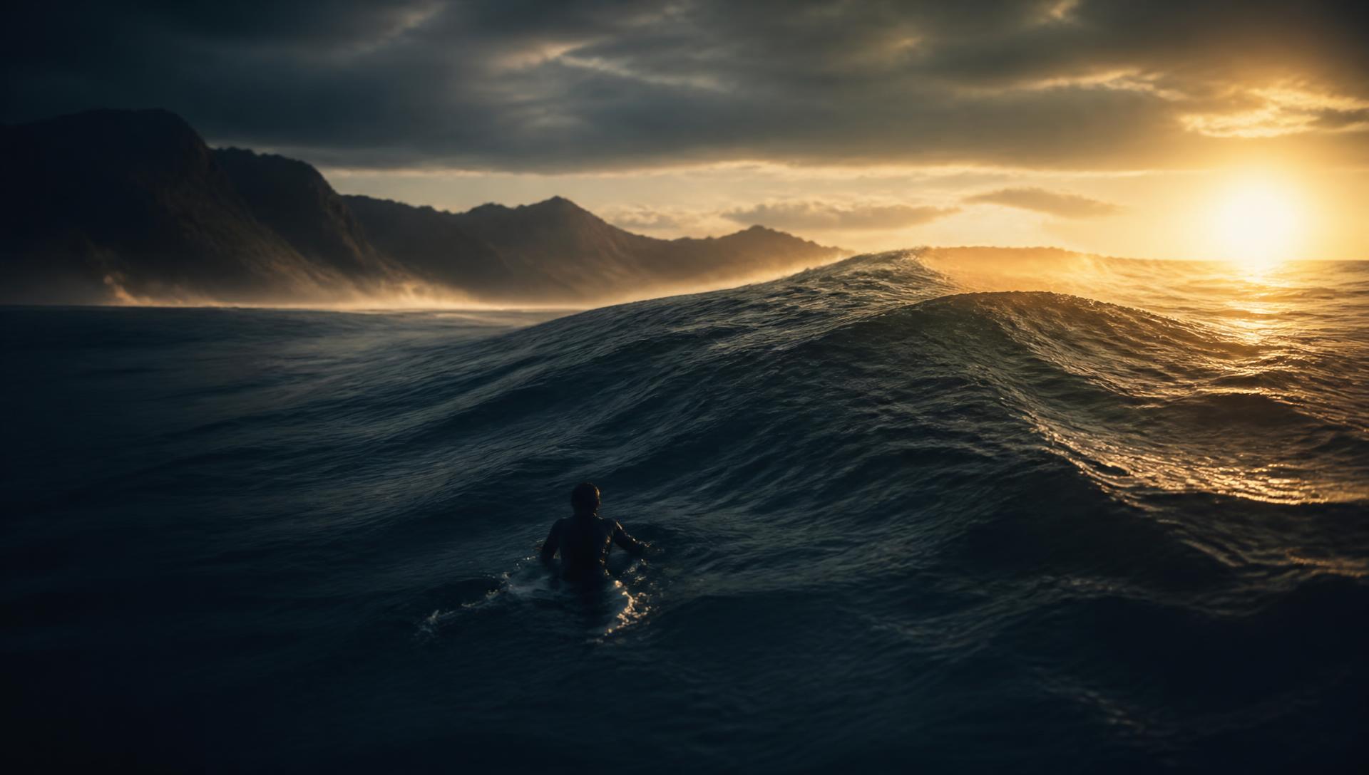 A lone surfer facing a vast ocean swell at sunrise