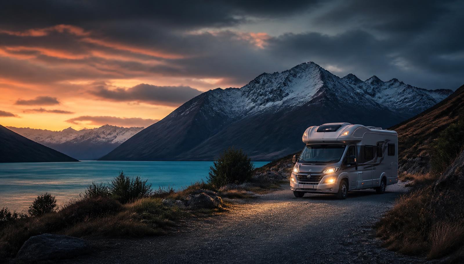 Motorhome parked on a gravel road beside a turquoise lake with snow-capped mountains at dusk