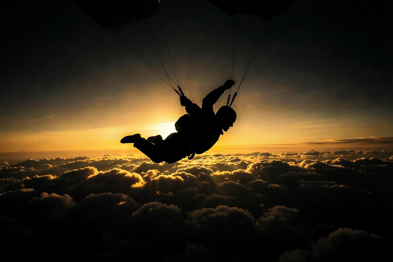 An adventurer skydiving above a vast landscape