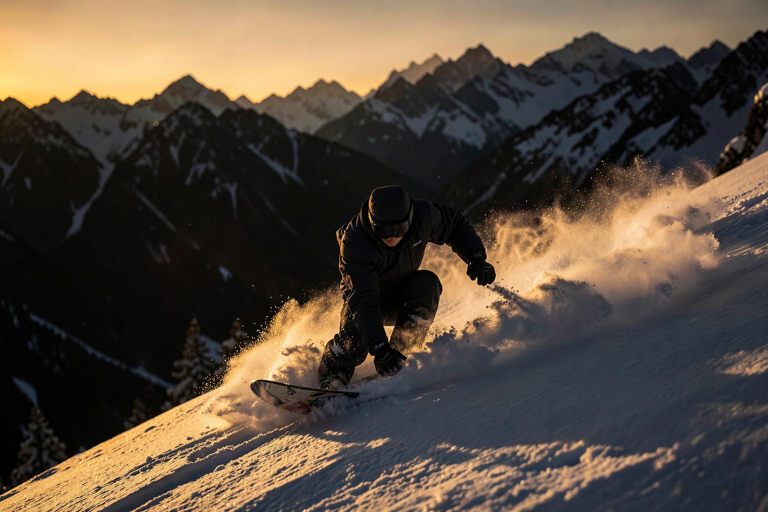 Snowboarder carving through deep powder on an alpine ridge at golden hour